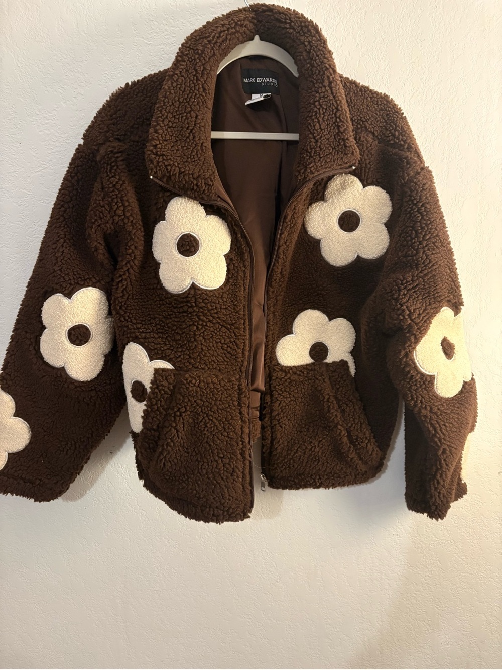 Brown Teddy Jacket with Cream Daisy Appliqués